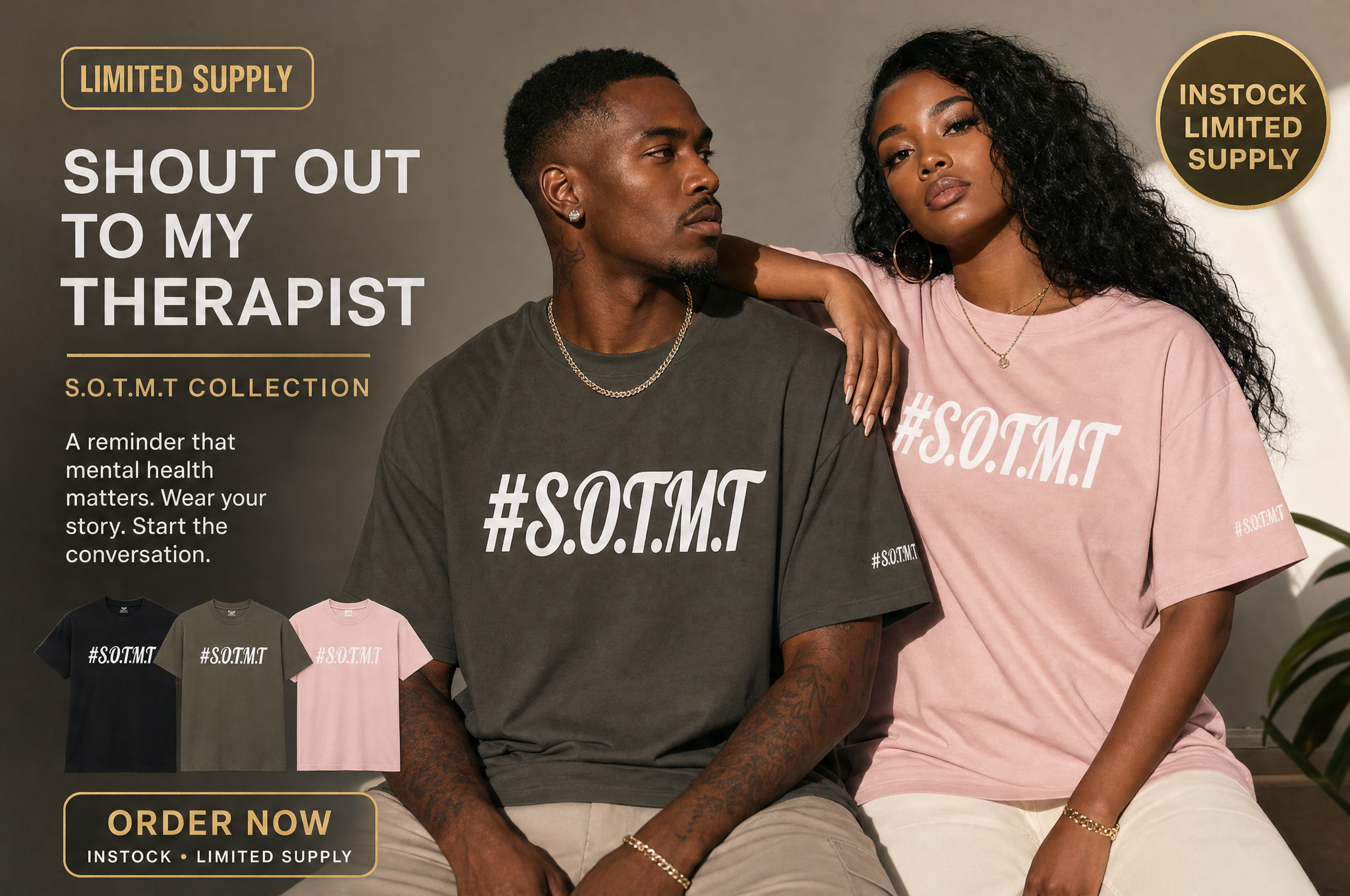 Shout Out to My Therapist collection featuring models in olive and pink tees